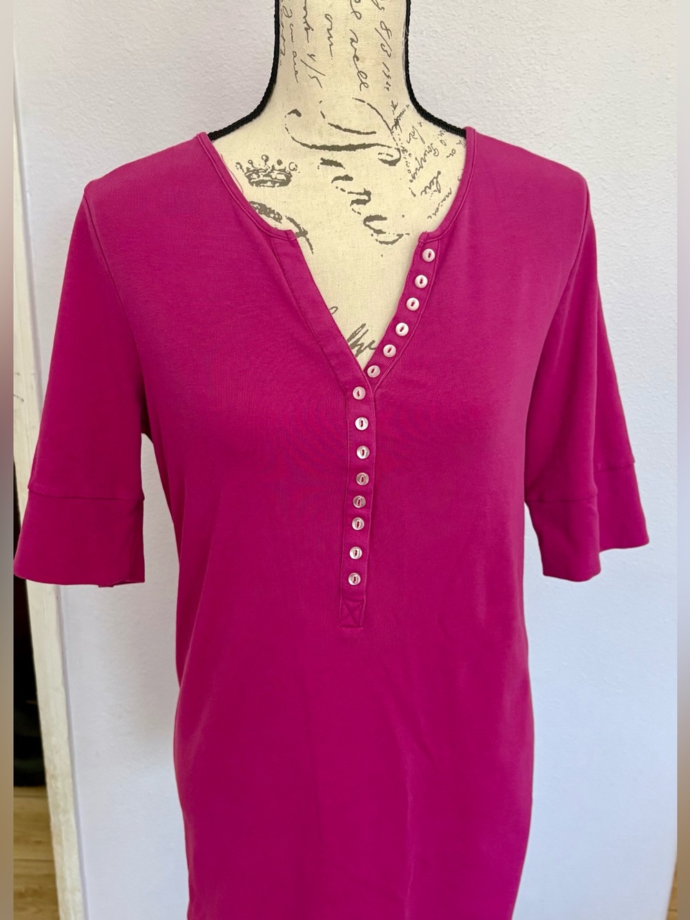 Venezia by Lane Bryant Bright Magenta Button-Front Half Sleeve Knit Henley Top